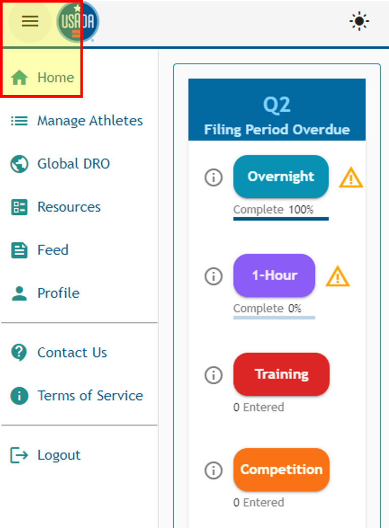 Athlete Connect highlight of 3-line menu and Home icon screenshot.