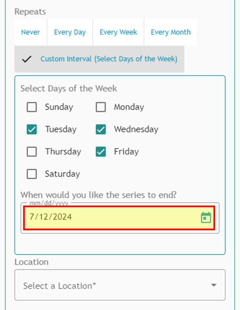 Athlete Connect custom repeats interview end date highlight screenshot.