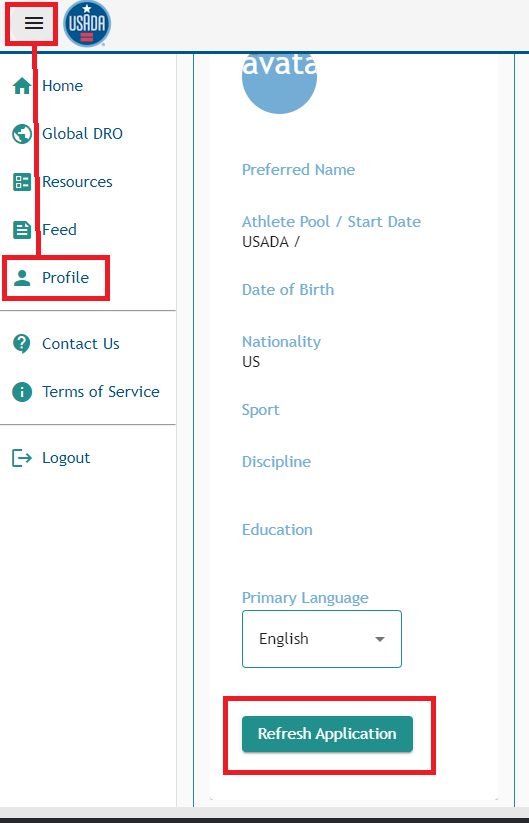 Green refresh button in the Profile of the Athlete Connect application.